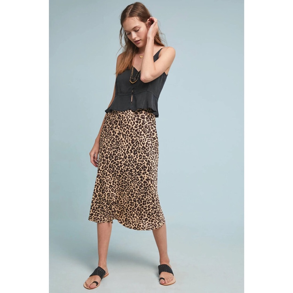 Anthropologie Bias Satin Midi Skirt Leopard Print